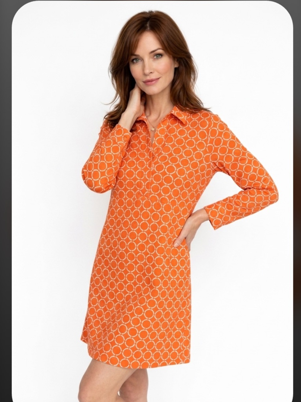 JUDE CONNALLY Dress Cloth Catalina Collared V Neckline Trellis Shift Orange Knit
